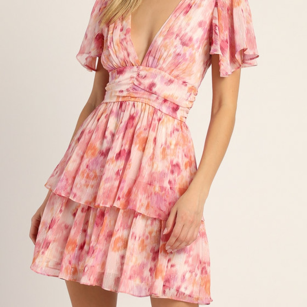 Lulus Sunny Evenings Pink Multi Lurex Flutter Sleeve Mini Dress - Size S